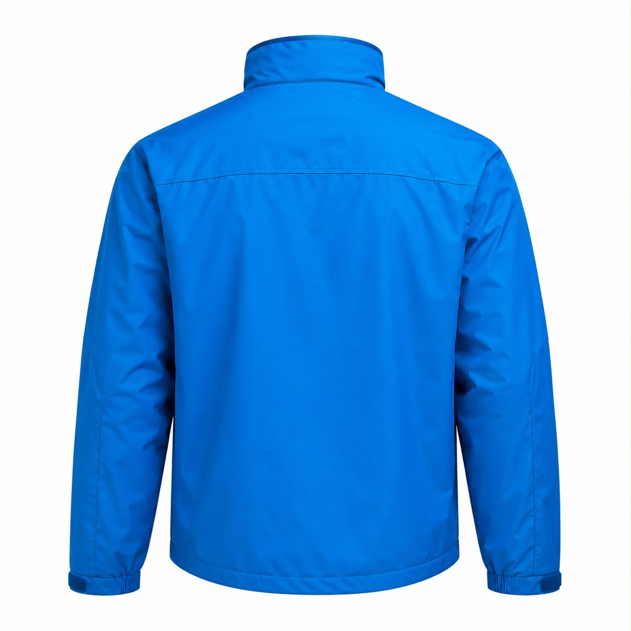 Bright blue Apex Jacket showcasing a simple, functional design with a high collar and elastic cuffs.