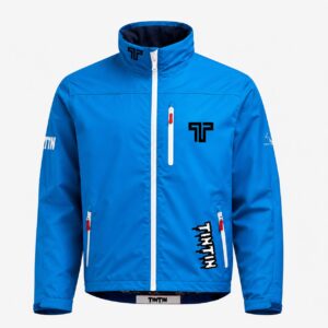 Bright blue Apex Jacket featuring a high collar, zippered pockets, and logo details for outdoor activities.