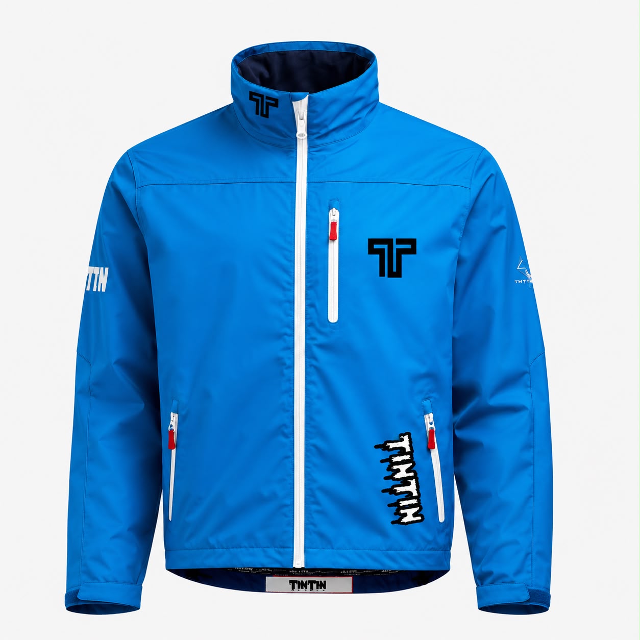 Bright blue Apex Jacket featuring a high collar, zippered pockets, and logo details for outdoor activities. Bright blue Apex Jacket featuring a high collar, zippered pockets, and logo details for outdoor activities.