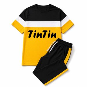 Stylish yellow and black sports set featuring a short-sleeve shirt with "TinTin" printed on the front and matching shorts.